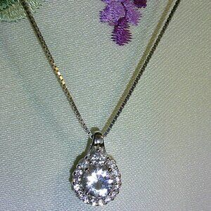 BBJ 925 Sterling Silver Halo Necklace Clear Stones Rhinestone Crystal Adjustable